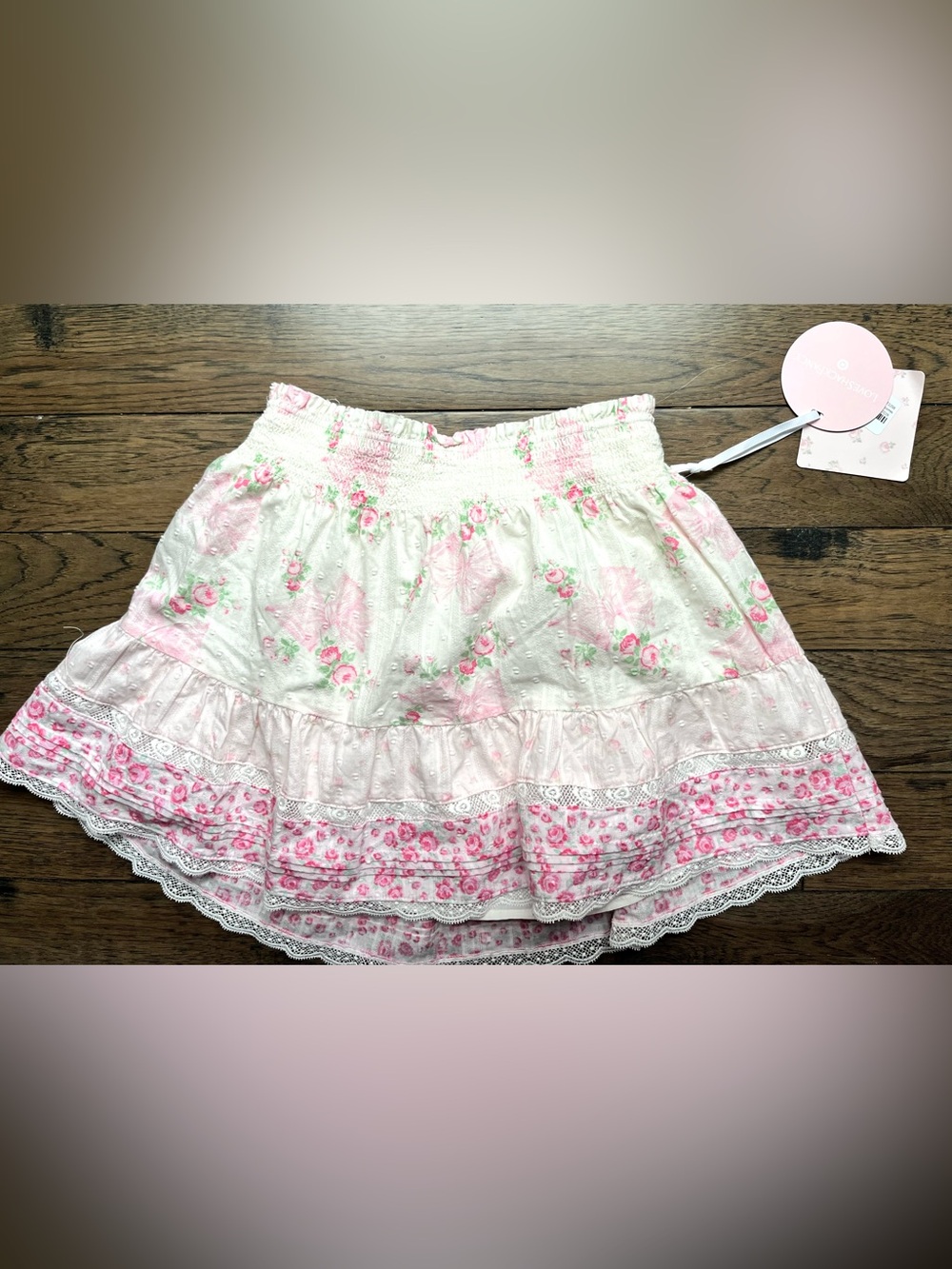 LoveShackFancy Cream and Pink Floral Tiered Ruffle Skirt new